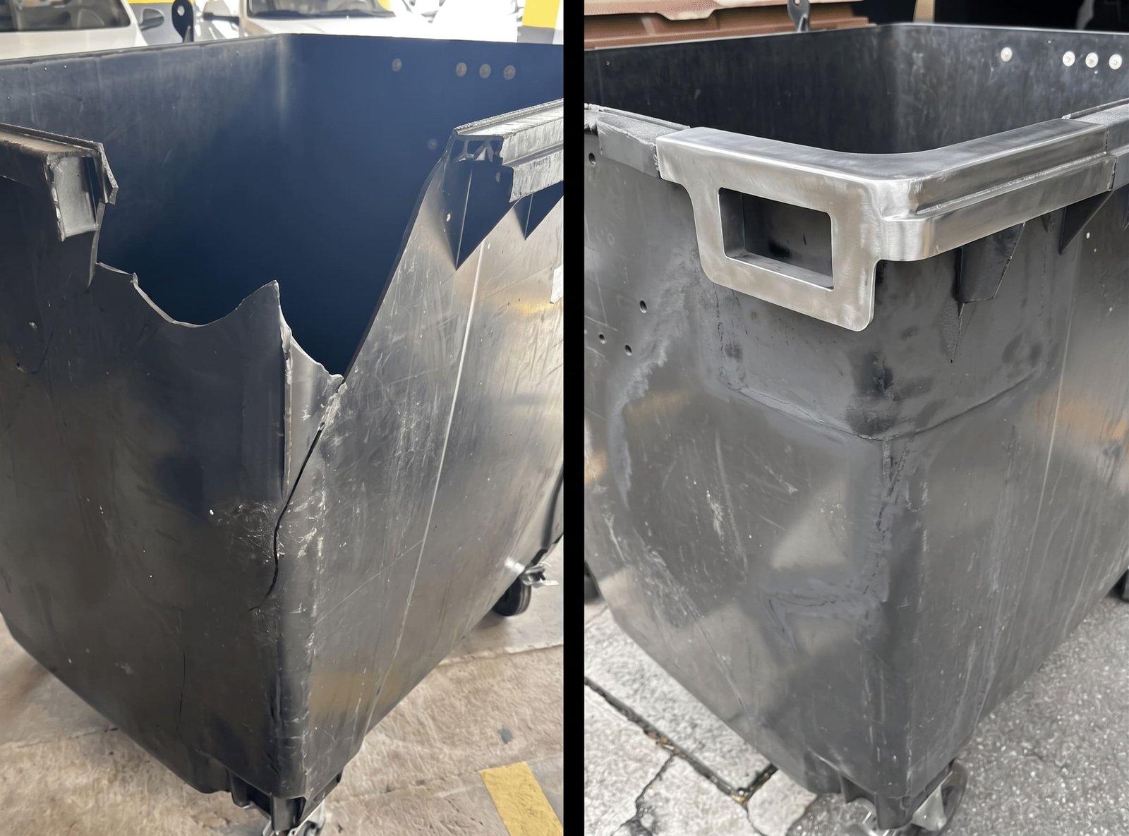 Antes e depois do reparo de um contentor de lixo pela Ecoplast